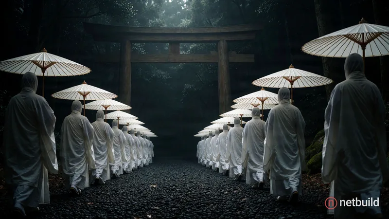 Cinematic wide shot of a solemn procession of figures dressed in traditional flowing white robes, each holding a matching white paper umbrella. They w...