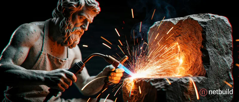 classical stone statue of bearded man welding a rough stone block, modern welding torch, intense glowing orange sparks erupting, simple apron, dark ba...