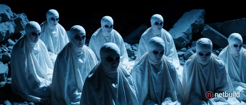 seven figures wrapped in voluminous white shrouds and tight skull caps, pale faces, dark eye makeup, clustered among jagged concrete rubble, pitch bla...