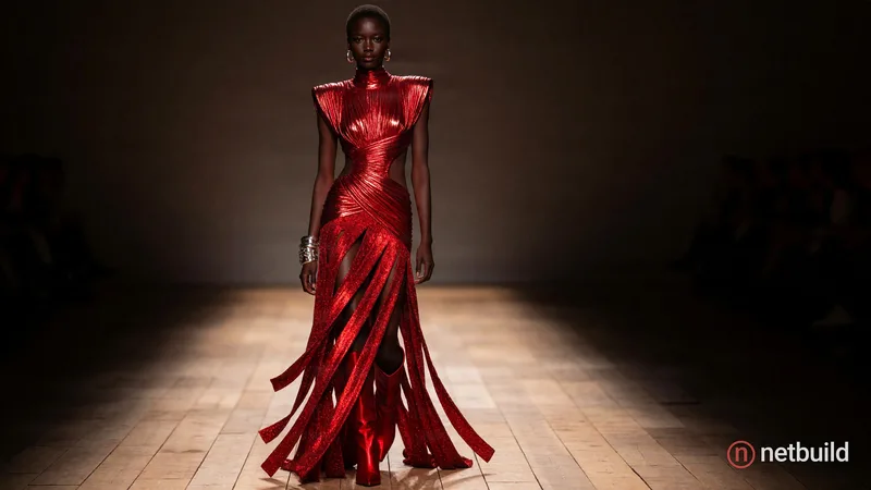 A dark-skinned model strides down a wooden plank runway wearing a shimmering metallic crimson gown with structured shoulders, a high neckline, and dee...