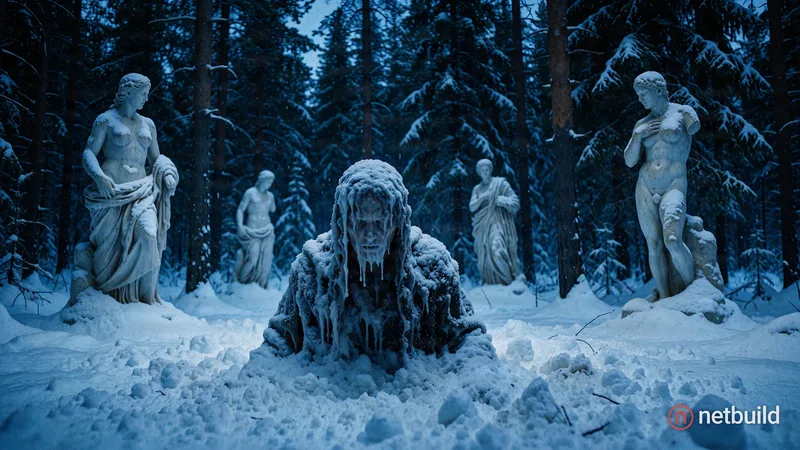 ice-encrusted figure emerging from deep snow, shattered marble statues, dense pine forest, cold blue twilight lighting, cinematic horror, film grain