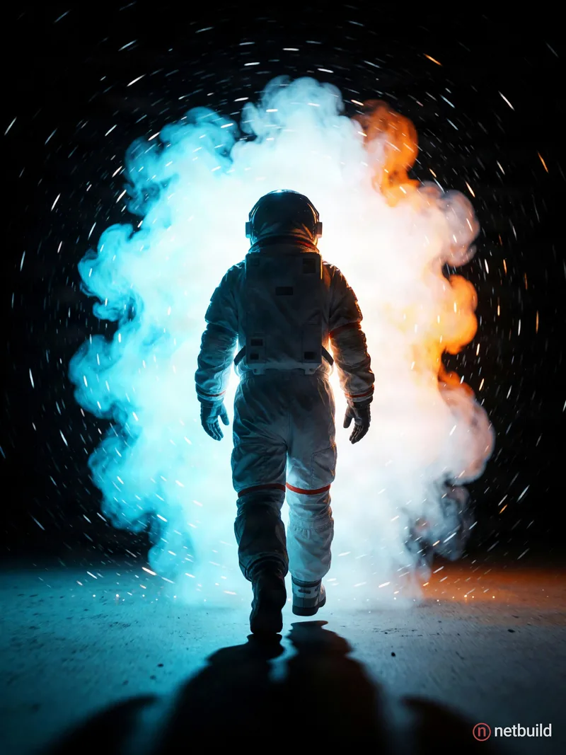 An astronaut in a bulky white spacesuit walks away toward a bright, ethereal portal glowing with intense cyan and warm orange light. Viewed from behin...