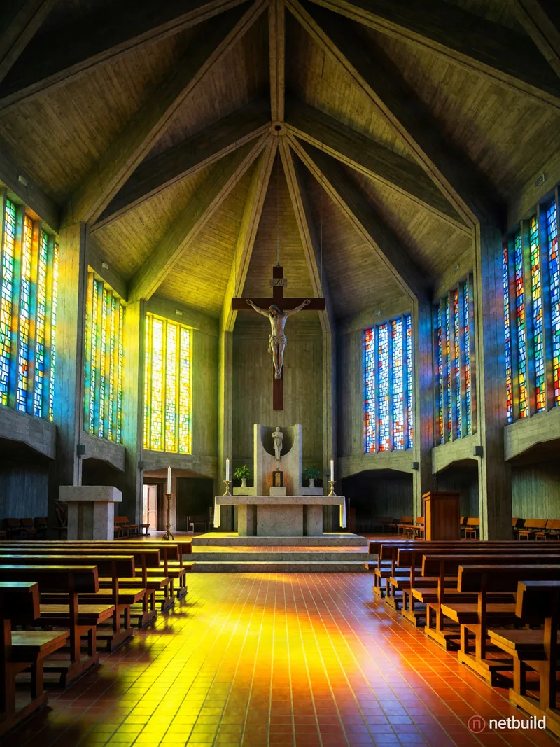 symmetrical modernist concrete cathedral interior, brutalist architecture, geometric ribbed vault ceiling, central stone altar, suspended crucifix, wo...
