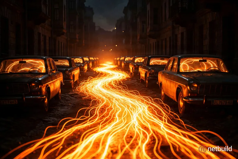 glowing river of bright orange light trails flowing down a dark narrow city street, parked vintage sedans lining the rough road, car interiors filled...