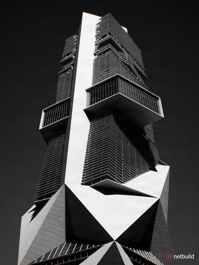 towering modern skyscraper, intricate multi-tiered facade with louvers, prominent solid white vertical spine, cantilevered rectangular glass volume ju...