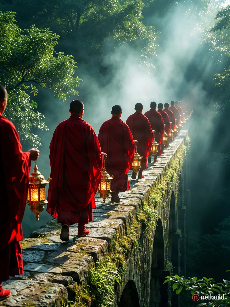Cinematic wide shot of monks in flowing crimson robes walking away along a narrow ancient stone aqueduct. The composition uses strong leading lines an...