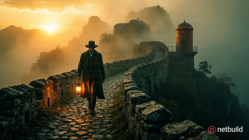 Cinematic full shot of a tall man in a dark green trench coat and wide-brimmed hat walking along an ancient, winding stone wall across misty, rugged m...