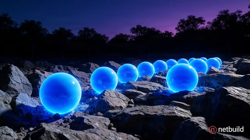 Cinematic surreal landscape photography of a perfect row of glowing blue spherical orbs resting on rugged gray rocky terrain. Intense neon blue light...