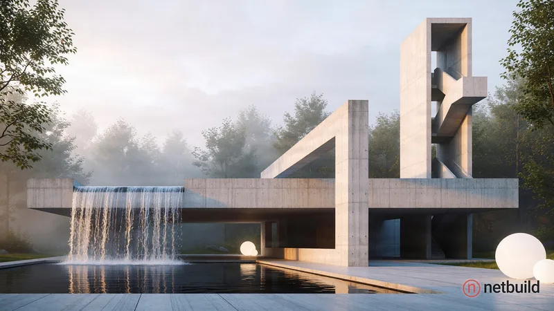 Photorealistic architectural render of a brutalist raw concrete pavilion in a misty forest under a soft overcast sky. A wide waterfall cascades from a...