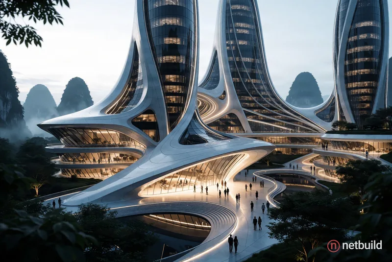 Ethereal architectural visualization of a futuristic biomimetic skyscraper complex featuring fluid white organic structures and towering vertical peak...