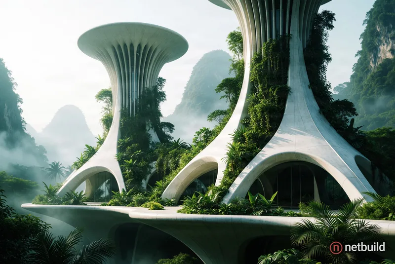 Two organic, futuristic towers with sweeping white arched bases and fluted funnel-like tops on an elevated platform, entwined with lush green overgrow...