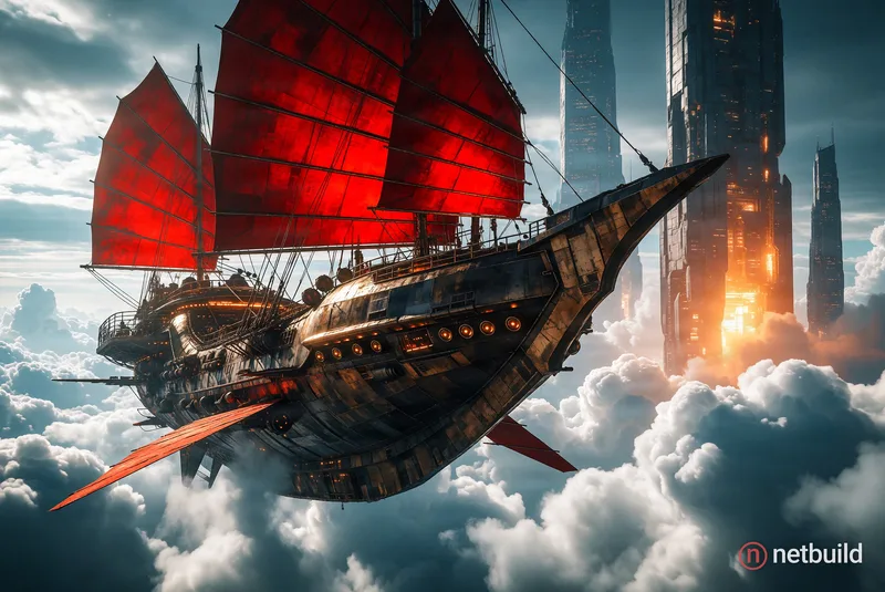 Digital concept art of a futuristic flying ship with a heavily armored metallic hull and vibrant red junk sails, soaring majestically above a sea of d...