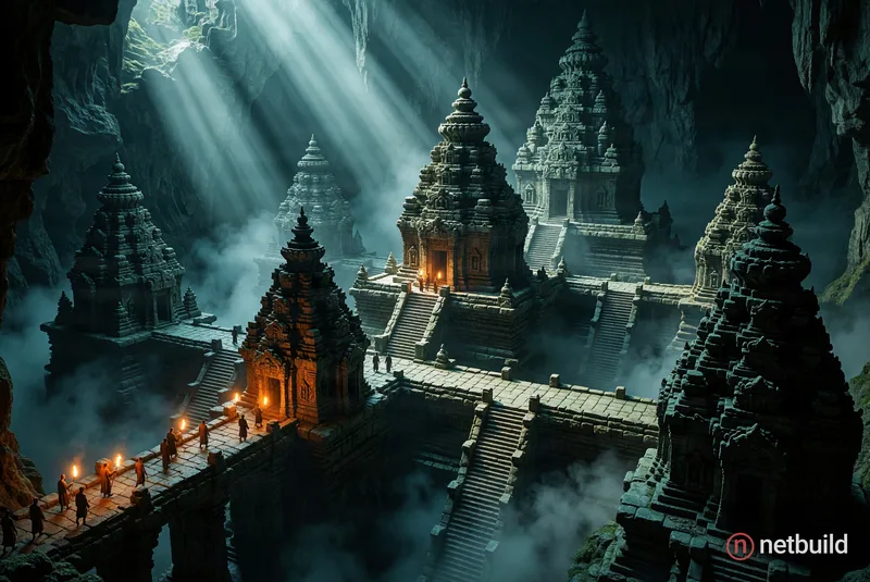 Cinematic high-angle wide shot of a massive ancient stone temple complex shrouded in mist within a dark subterranean cavern. Intricately carved pyrami...