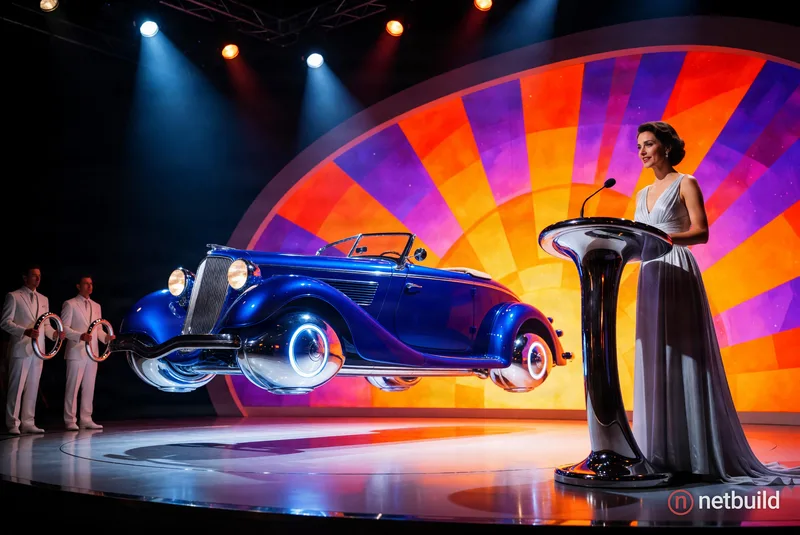 Cinematic wide-angle shot of a retro-futuristic stage exhibition featuring a levitating royal-blue 1930s-style roadster with glowing chrome hover-pods...