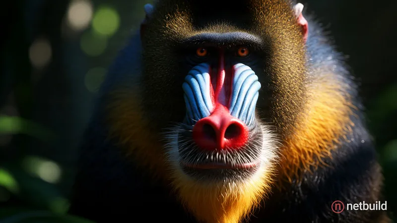 Extreme close-up wildlife portrait of a male mandrill staring intensely forward, showcasing a vivid blue and red ridged snout, golden beard, and dense...