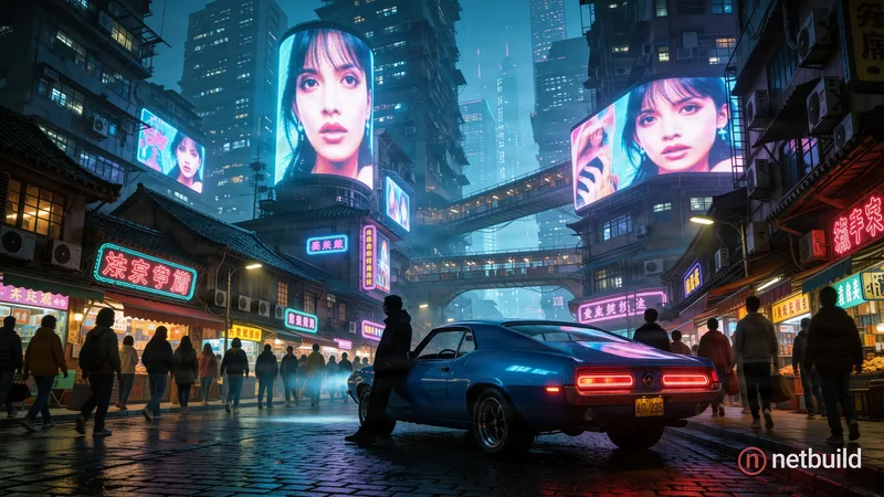 cyberpunk metropolis at night, blue vintage muscle car with glowing red taillights parked on wet reflective cobblestone street, silhouetted figure lea...