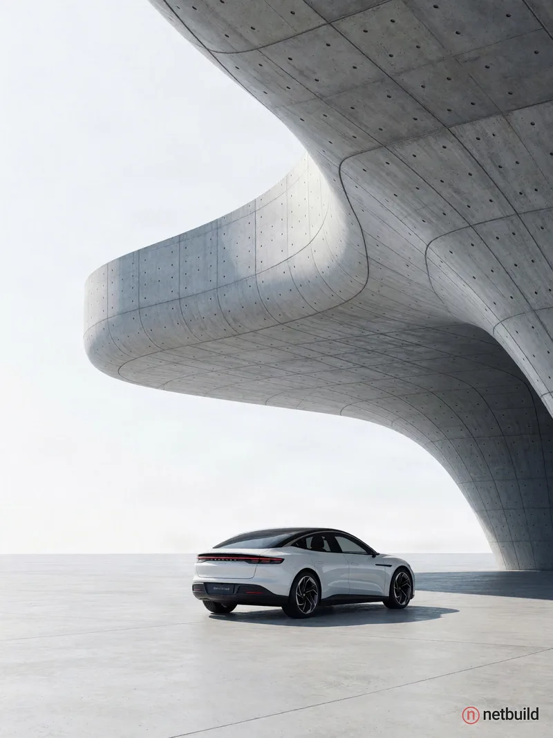 A high-key architectural automotive photograph of a modern white fastback vehicle with a dark roof and continuous red taillight bar, parked on a flat...