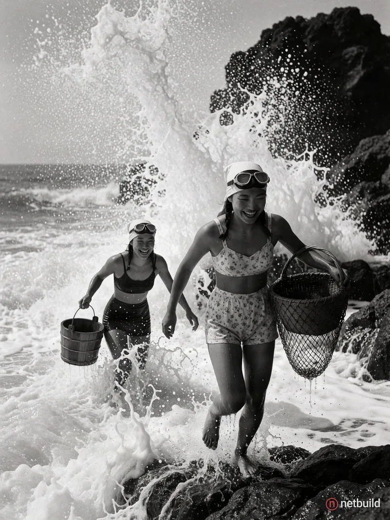 Dynamic vintage black-and-white photograph of two laughing female free-divers emerging from churning ocean surf. In the foreground, a woman in light p...