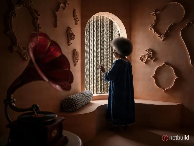 Cinematic wide shot of a petite elderly woman with a spherical afro and an indigo sleepgown, silhouetted against an arched window in a dimly lit, surr...