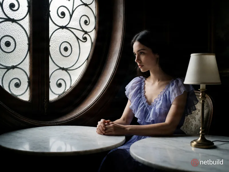 Cinematic portrait of a young woman with long dark hair wearing a ruffled periwinkle dress, sitting at a white marble table with hands clasped beside...