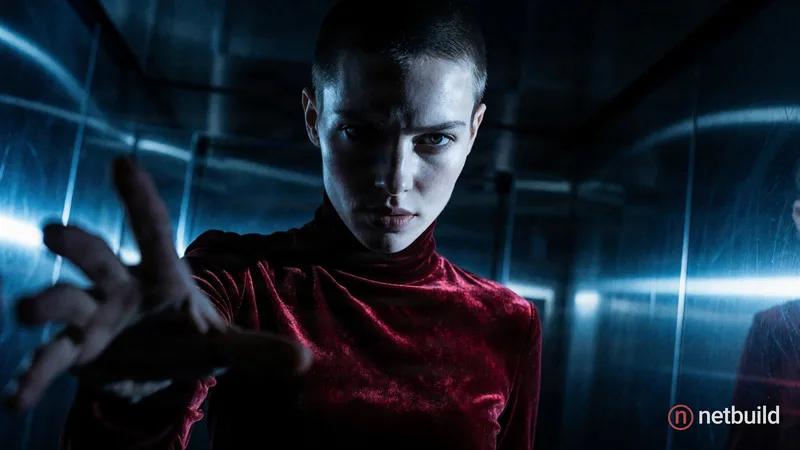Cinematic close-up of a sharp-featured woman with a buzzed head wearing a dark red velvet turtleneck, reaching one hand forward toward the lens. Drama...