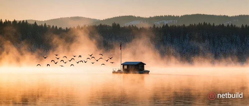 A flock of silhouetted birds flies through thick, golden mist rising from a calm lake, passing a small floating cabin with a flagpole. Behind the lumi...