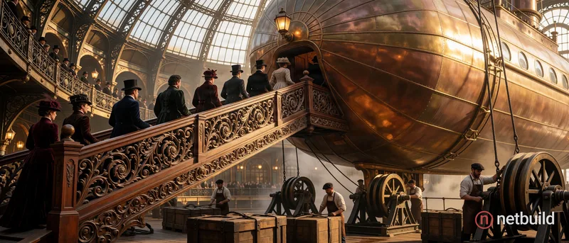 Cinematic wide shot of passengers in elaborate velvet Victorian attire boarding a massive brass-plated cylindrical airship via an ornately carved maho...