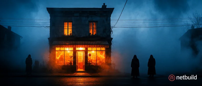 Cinematic photography of a symmetrical composition featuring the glowing amber storefront of a two-story building, centered within dense, swirling blu...