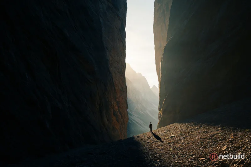 Epic cinematic matte painting of towering dark canyon walls framing a bright vertical slit of light. A tiny human silhouette stands on a rocky incline...