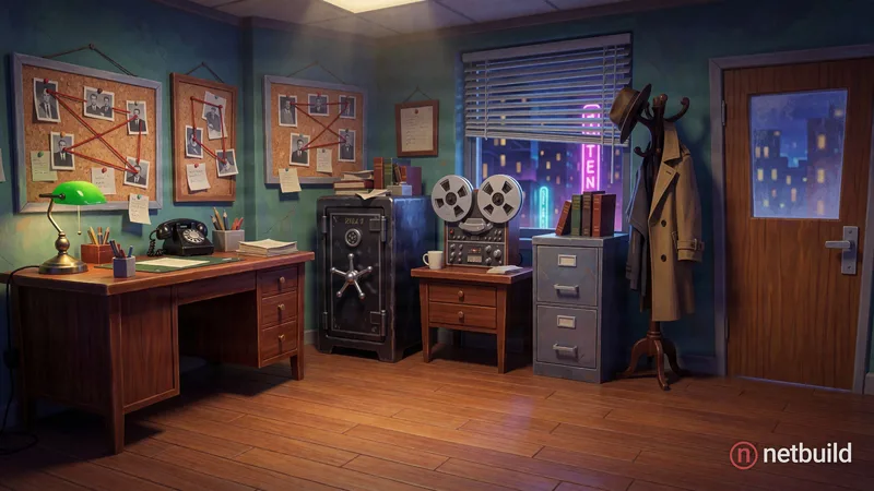 hand-painted 2D point-and-click adventure game background, 1960s spy movie aesthetic, slightly exaggerated cartoon proportions, playful crooked shapes...