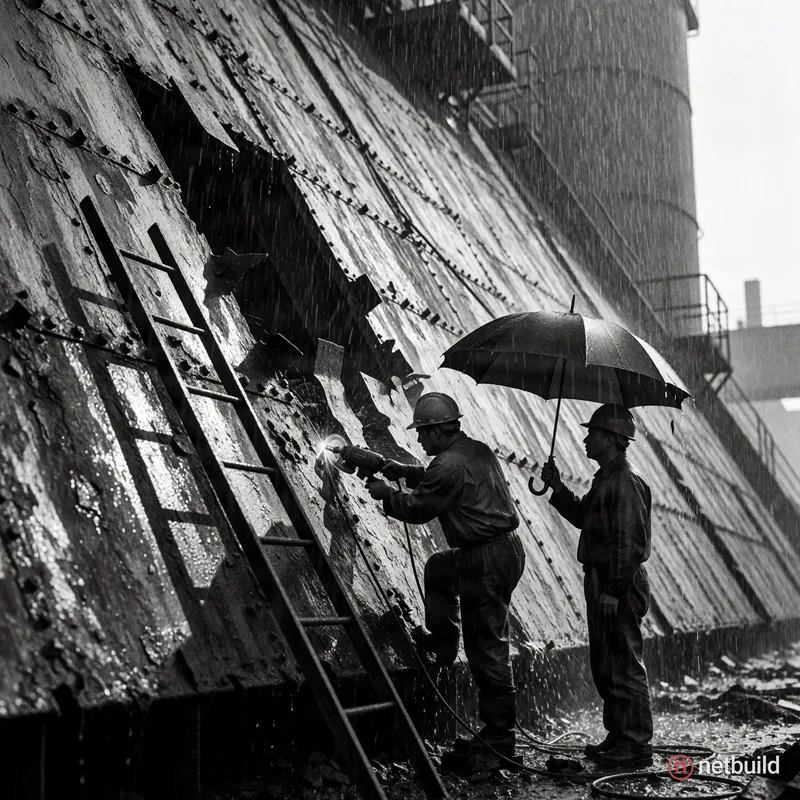 Cinematic black and white photography of two industrial workers dismantling a massive slanted metal structure amidst torrential rain. One worker uses...