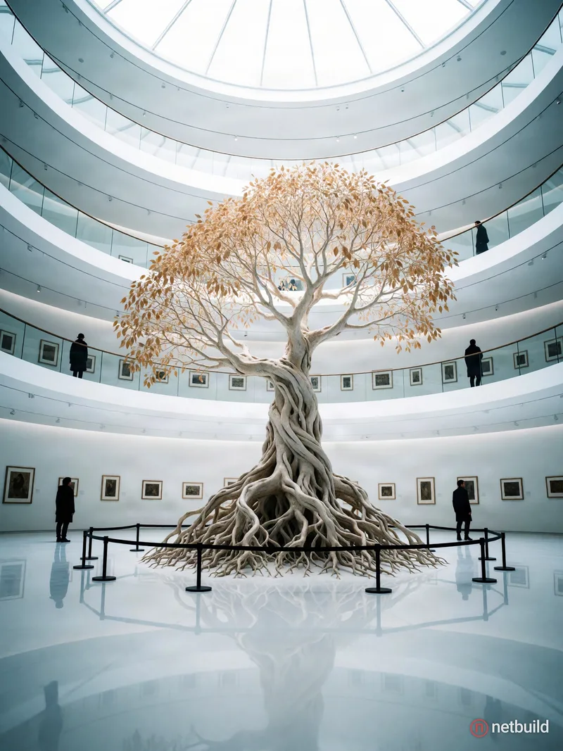A stark white circular museum atrium with a pale sculptural tree featuring bleached twisting roots and sparse tan foliage rising from a mirror-like re...