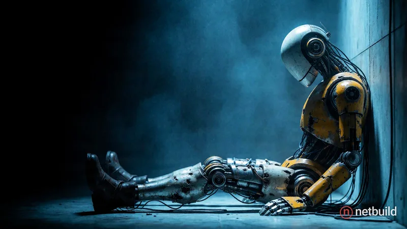 Cinematic wide side angle of a damaged humanoid robot slumped against a wall in a dim, stark room. Smooth white dome head bowed downward, weathered me...
