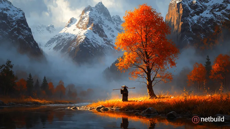 Digital painting of a solitary figure in dark robes and a conical hat, holding a long staff horizontally across shoulders, standing on a golden grassy...