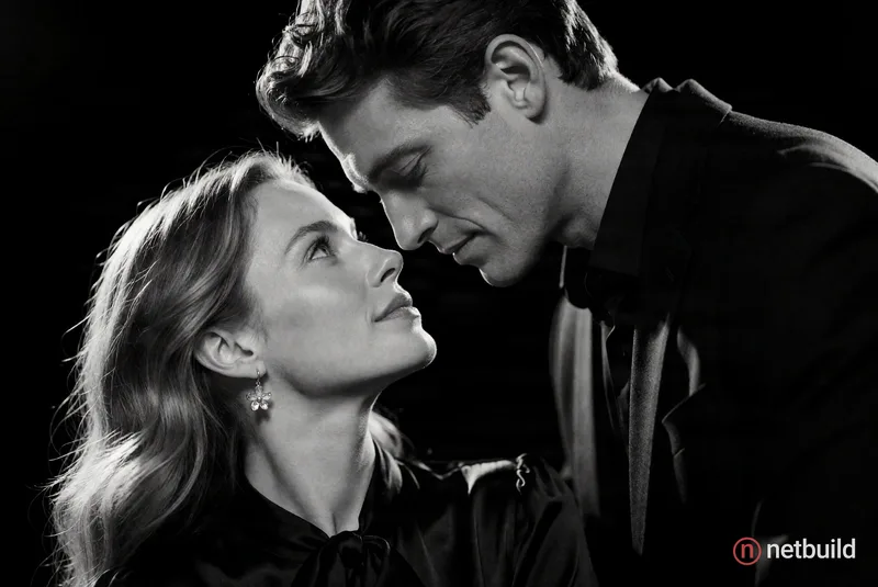 B/w european couple prompt Cinematic black-and-white portrait of the uploaded couple, preserving their exact facial identities. Man leaning gracefully...