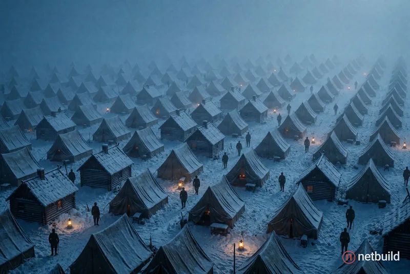 Wide high-angle cinematic shot of a sprawling winter military encampment. Endless rows of A-frame canvas tents gradually vanishing into a heavy, dense...