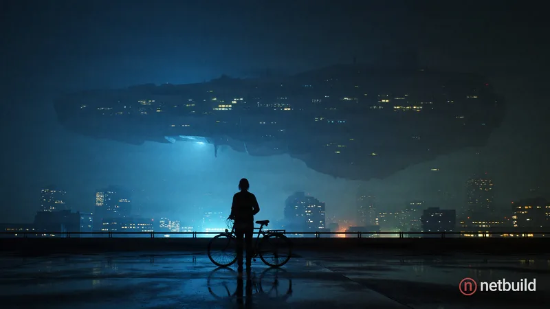 Cinematic sci-fi digital art of a lonely silhouette of a person with a bicycle, standing on wet reflective pavement, facing a hazy futuristic cityscap...