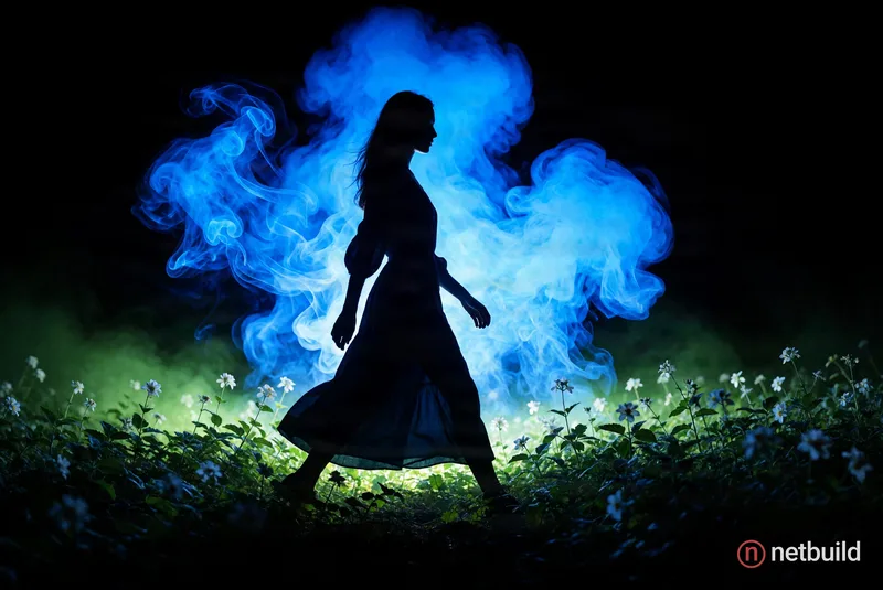 Cinematic full-shot silhouette of a woman in a flowing dress striding through low foliage dotted with delicate white flowers. Massive, intense backlit...