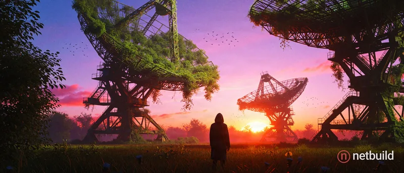 Colossal decaying radio telescope overgrown with lush vegetation dominating an abandoned field, solitary hooded figure in the foreground gazing upward...