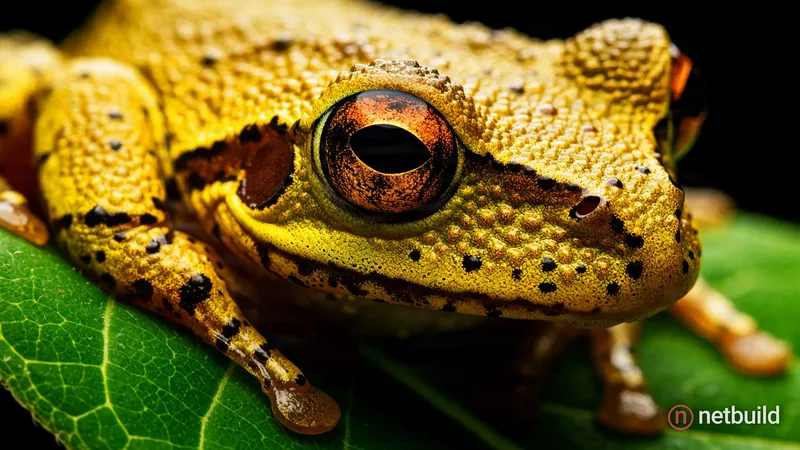 Extreme close-up macro photography of a yellowish-green frog resting on a vibrant green veined leaf. The frog features highly detailed bumpy textured...