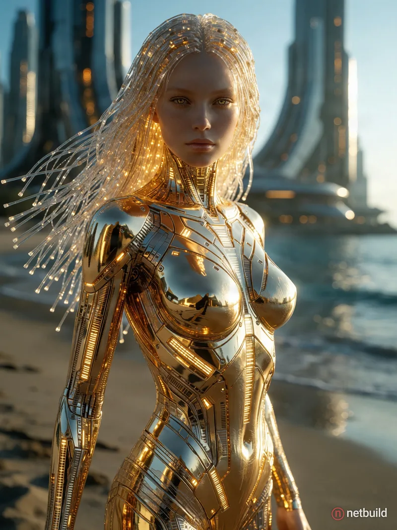 Hyper detailed goddess with skin made of liquid metal (Cyberpunk style) on a futuristic beach, a golden glowing core beating inside the chest sending...