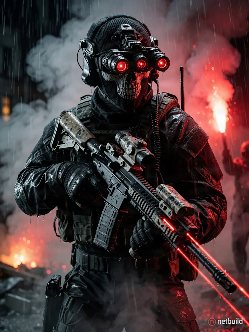 Cinematic, hyper-realistic close-up shot of an elite Special Forces operator in heavy black tactical gear, wearing a menacing skull balaclava and glow...