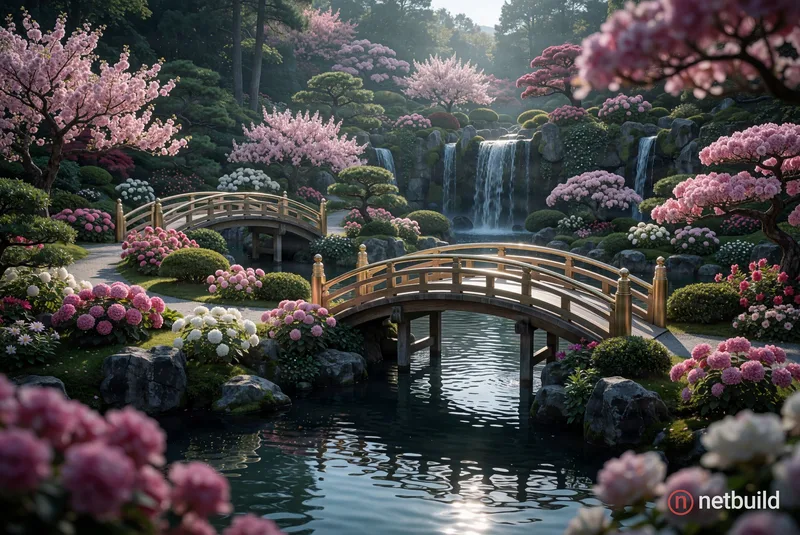 long range view, Beautiful Japanese flower garden, elegant bridges, waterfalls, pink and white, by Akihito Yoshida, Ismail Inceoglu, Karol Bak, Airbru...