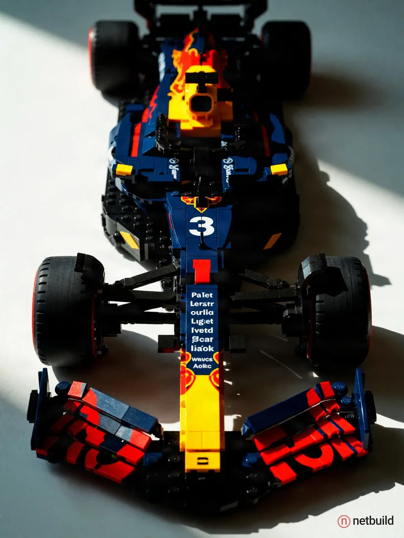 photography, top view, lego creation art, F1 car, parts, real-scale, brick details, perfection composition, natural lighting with soft shadows, photor...