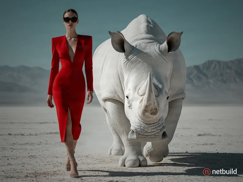 {
  "scene": {
    "type": "editorial fashion surrealism",
    "location": "barren white desert with distant mountains",
    "environment": {
      "t...
