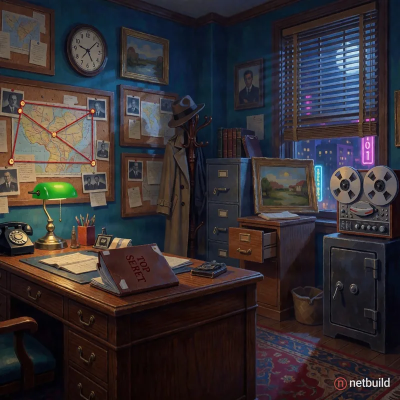 A hand-painted 1990s point-and-click adventure game background, secret agent theme. The cluttered office of a spy agency at night, seen from a slightl...