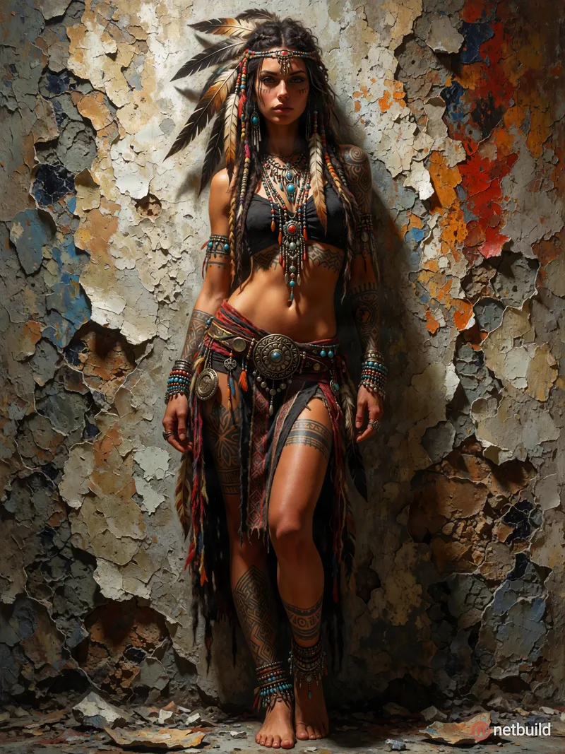 A beautiful woman, slender, tribal meets bohemian, tattoos, piercing, bohemian jewelry, modern, textured peeling wall in background, graphite, raw, gr...