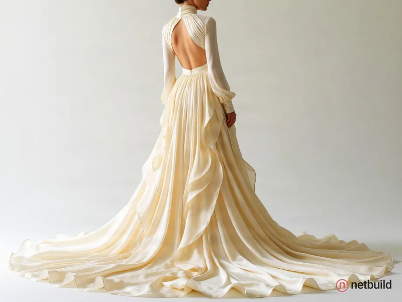 The image is a full-length portrait of a woman in a flowing cream dress. The dress features a high neck and long sleeves, with a large cutout on the b...