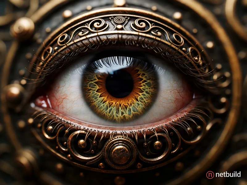 extremely realistic, steampunk eye, full view of eye, blurry middle background, ornamental, macro shot, HD, Hyperrealistic, mystic, baroque, octane re...