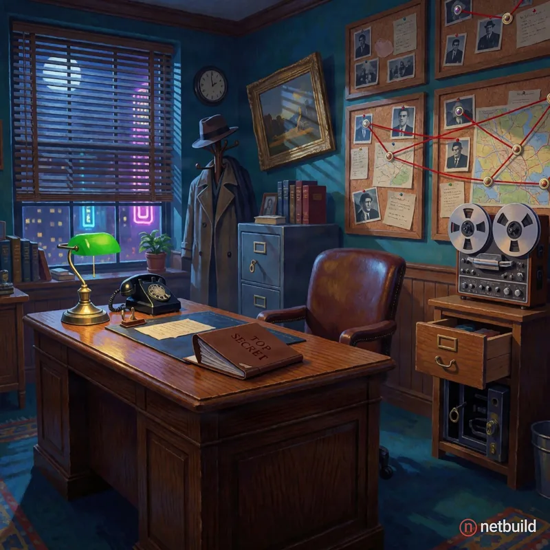 A hand-painted 1990s point-and-click adventure game background, secret agent theme. The cluttered office of a spy agency at night, seen from a slightl...